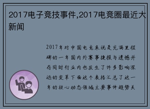 2017电子竞技事件,2017电竞圈最近大新闻